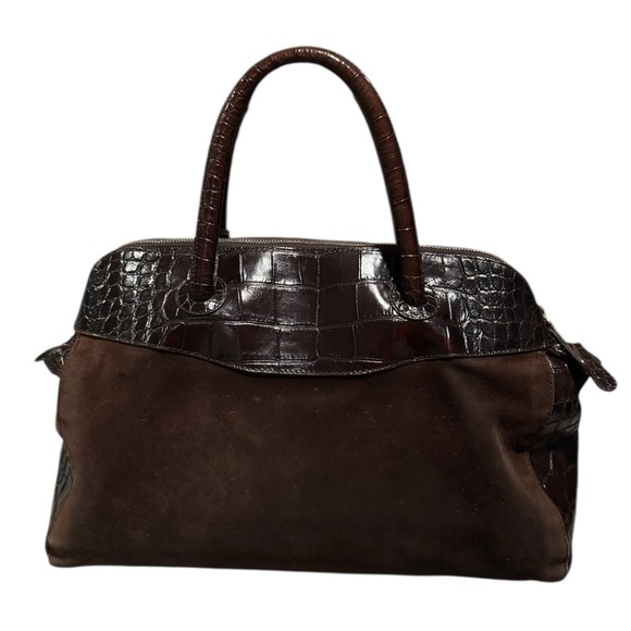 Furla Brown Suede and Croc Embossed Leather Handbag - Picture 2 of 6